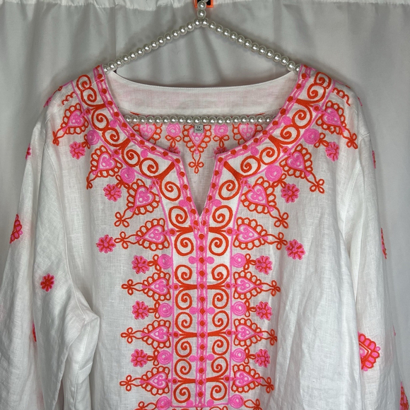 John Mark Women’s Embroidered 100% Linen Tunic Split Neck White Pink Sz 1X Boho - Picture 3 of 12